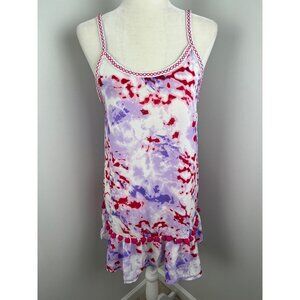 Miken Swim Sheer Purple Red Tie Dye Pom Pom Swim Beach Coverup M